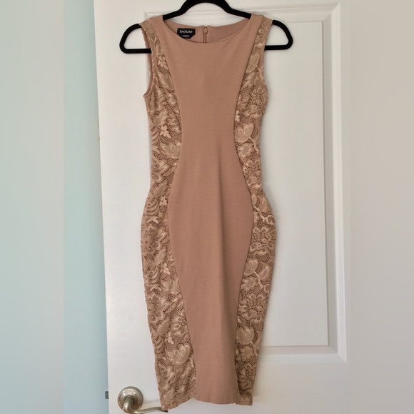 Bebe Bodycon Cocktail Dress w/ Lace, Size S, Taupe/Beige - Picture 2 of 12